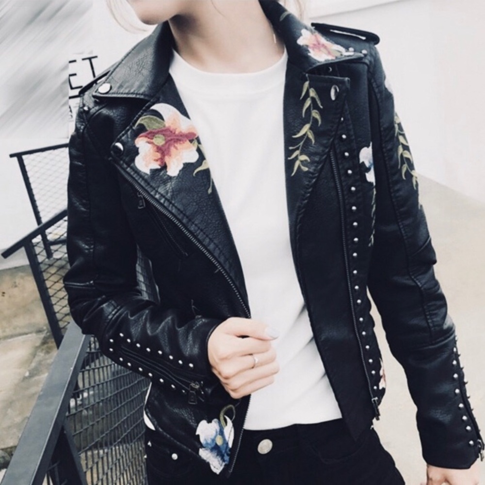 Vegan Leather Embroidered Moto Jacket - Picture 7 of 7